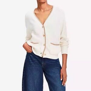 LOFT Women’s Cream Cardigan with Brown Trim V-neck Size XL